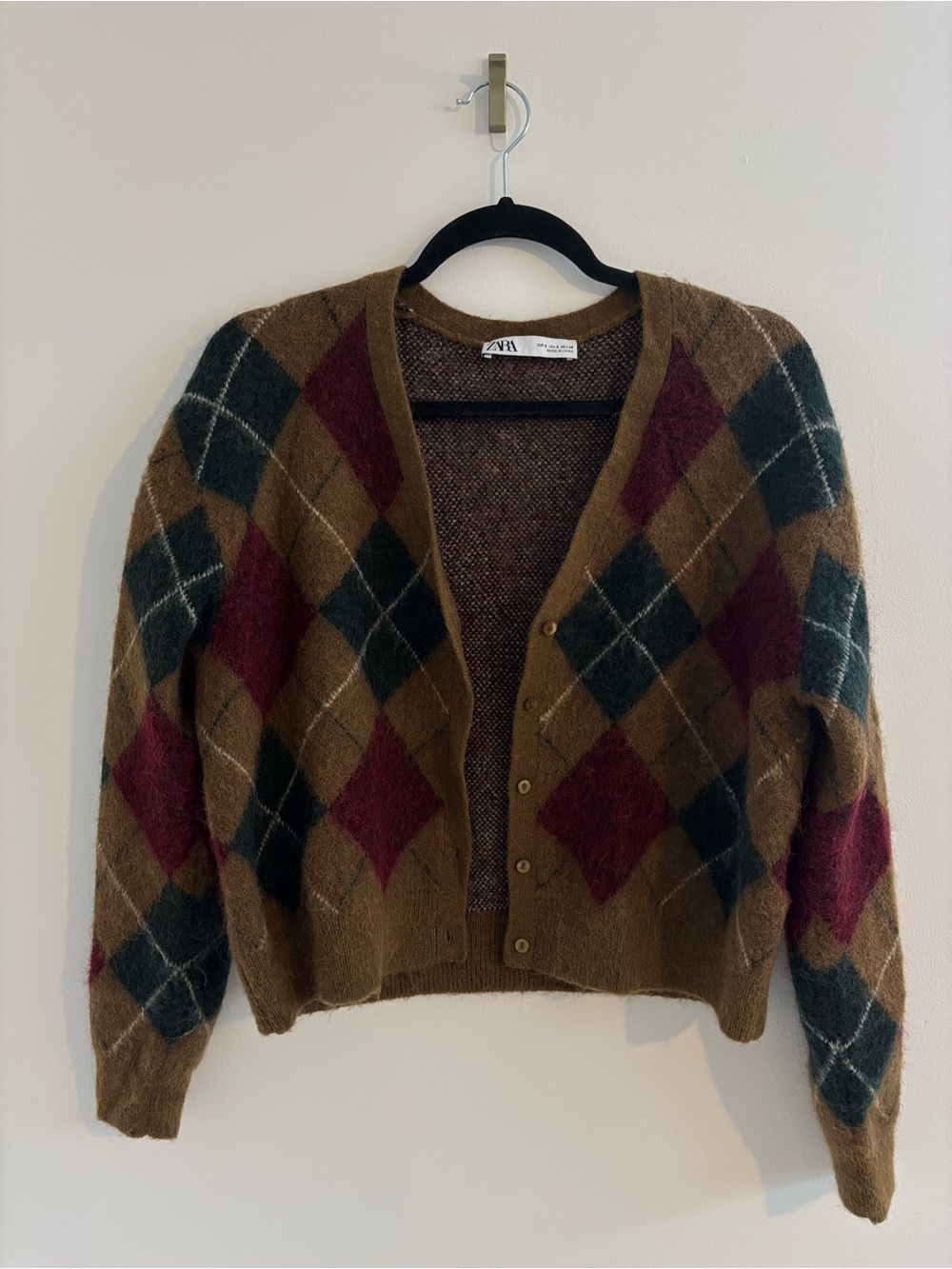 Zara Brown Argyle Button-Up Cardigan with Green and Burgundy Diamonds